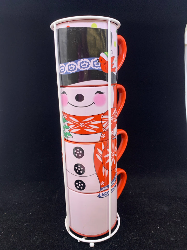 4 STACKING SNOWMAN MUGS-TEMPTATIONS, WHITE STAND.