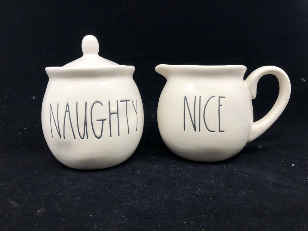 RAE DUNN NAUGHTY/NICE SUGAR + CREAMER SET.