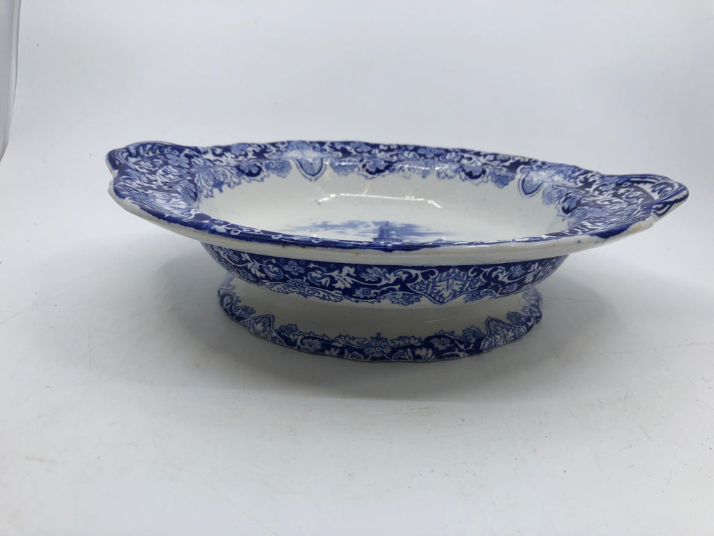 VTG BLUE/WHITE IRONSTONE FOOTED SERVING BOWL W/ HANDLES-MEN ON FISHING BOAT LACE