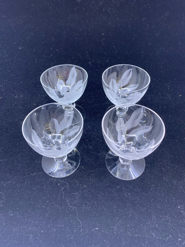 4 CLEAR GLASS FROSTED EMBOSSED ROSE FOOTED BOWLS.