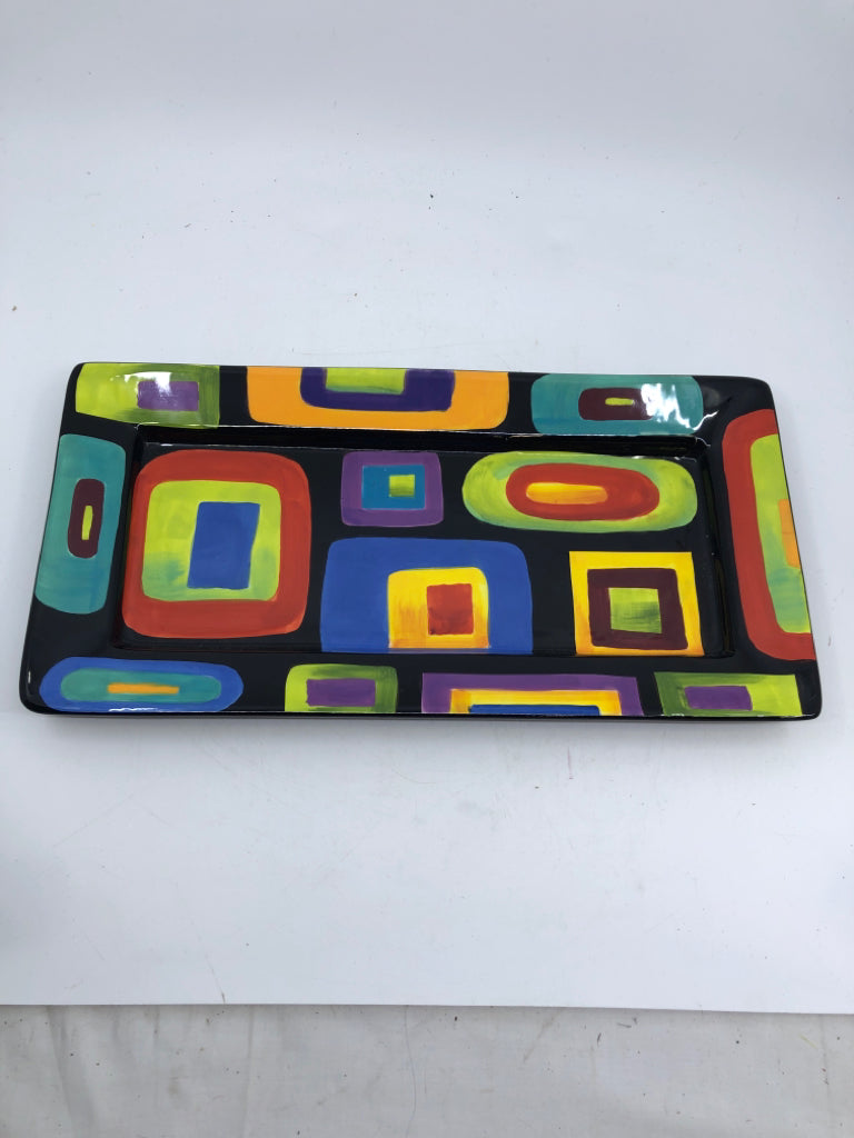 CERAMIC BLACK TRAY W/ COLORFUL SQUARES.