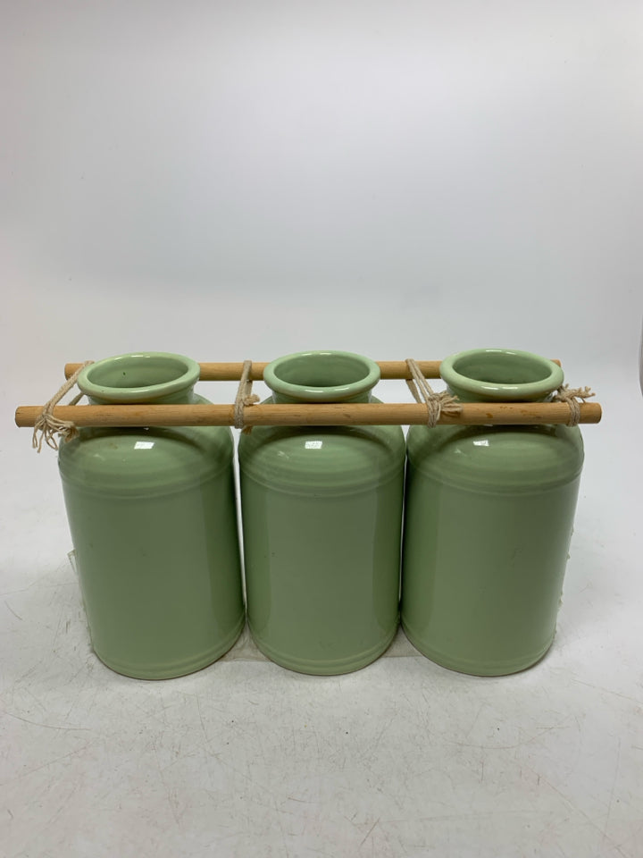3 VASES W/ WOOD CONNECTOR.