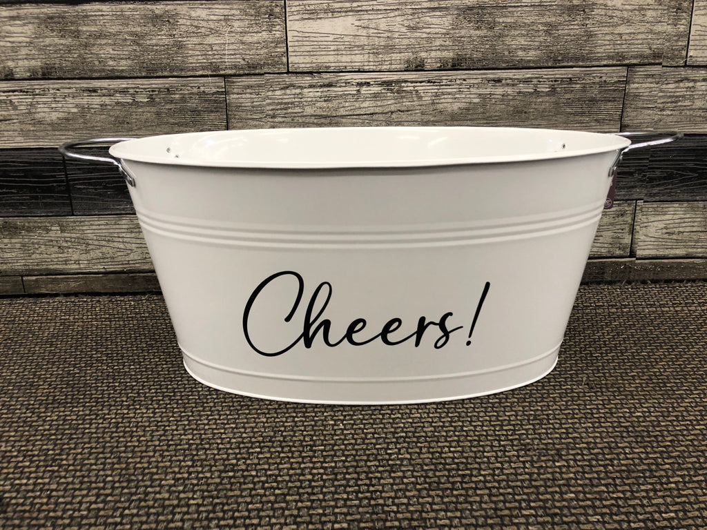 WHITE W SILVER HANDLES "CHEERS" BEVERAGE TUB.