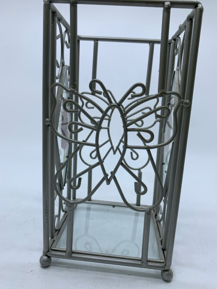 SILVER METAL CAGE W/ PRESSED FLOWERS IN GLASS PILLAR CANDLE HOLDER.