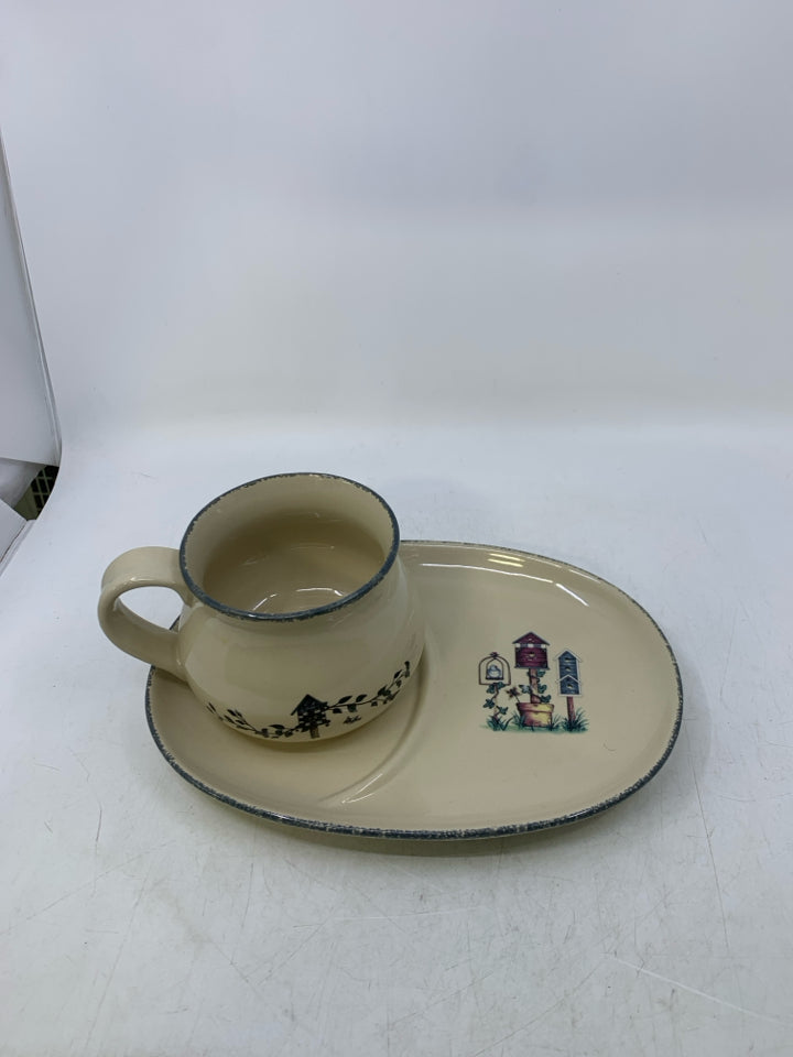 2 PC SNACK PLATE/SOUP BOWL W/ BIRD HOUSES.
