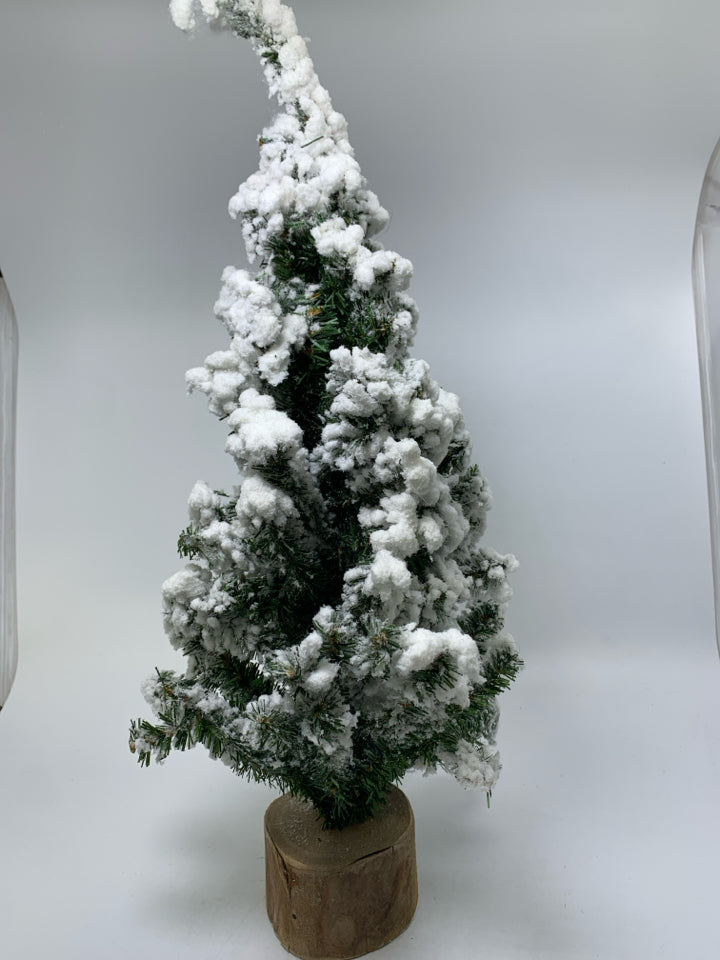 FLOCKED PINE TREE W/ WOOD SLAB BASE.