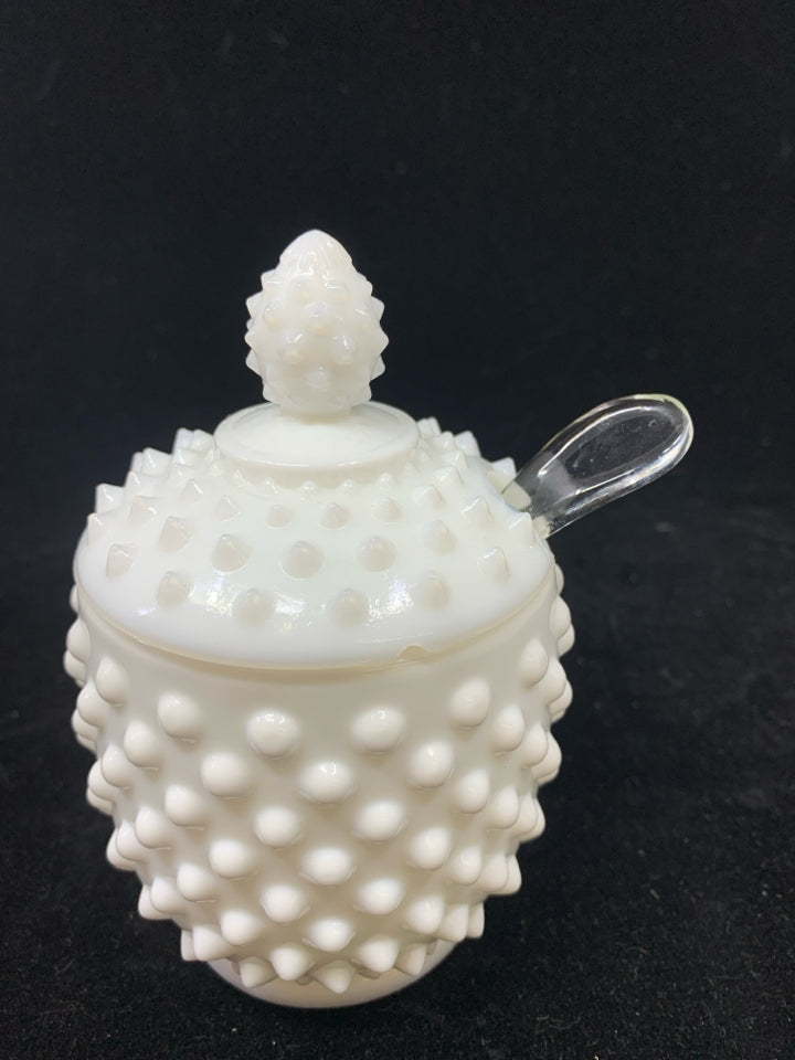 VTG MILK GLASS JAM/JELLY JAR W/LID & SPOON.