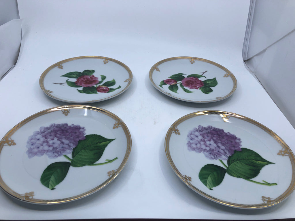 4 LUNCH PLATES W/ PURPLE HYDRANGEA + PINK ROSE.