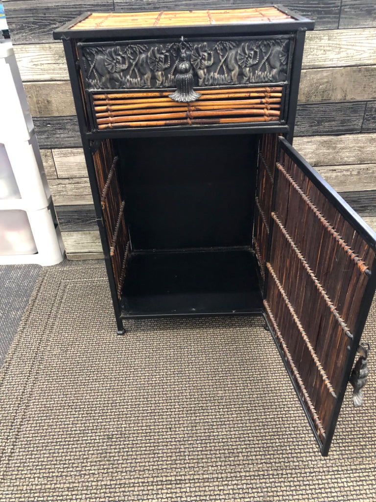 LIGHT WEIGHT BLACK METAL CABINET W/ BAMBOO DETAIL + DRAWER.