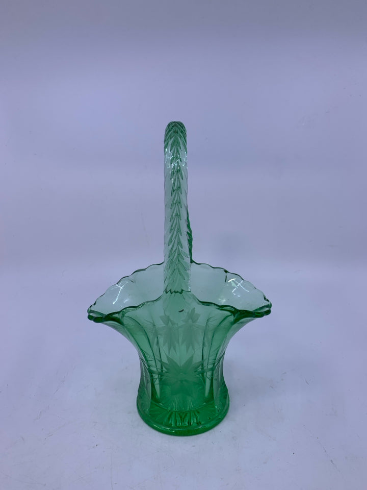 VTG GREEN GLASS BASKET W/ FLORAL ETCHING.
