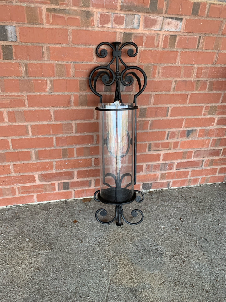 HEAVY WROUGHT IRON CLEAR GLASS DOME HANGING CANDLE HOLDER.