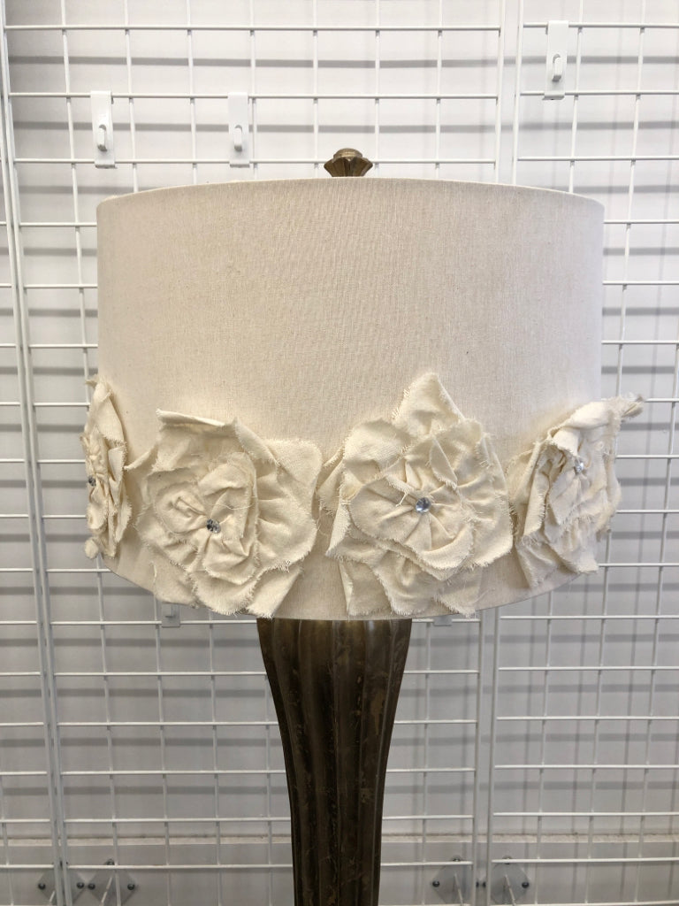 GOLD BASE FLOOR LAMP W WHITE RUFFLED SHADE.