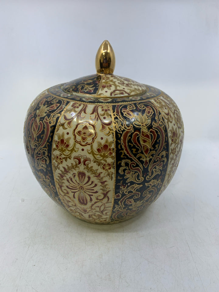 LARGE GOLD,RED,BLACK DETAILED GINGER JAR.