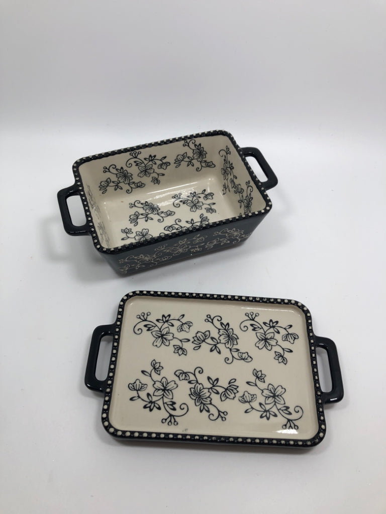 2PC MD BLACK/WHITE FLORAL TEMPTATIONS DISH W/LID.