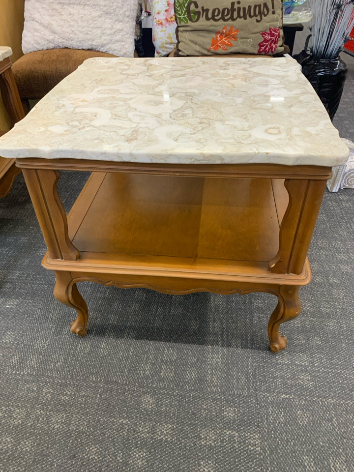 VTG WOOD SQUARE SIDE TABLE W MARBLE TOP AND BOTTOM SHELF.
