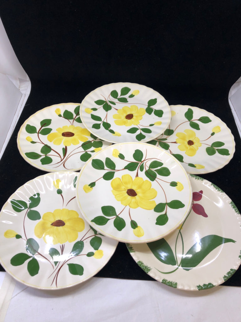 6 VTG YELLOW W RED FLOWERS - LUNCHEON PLATES.