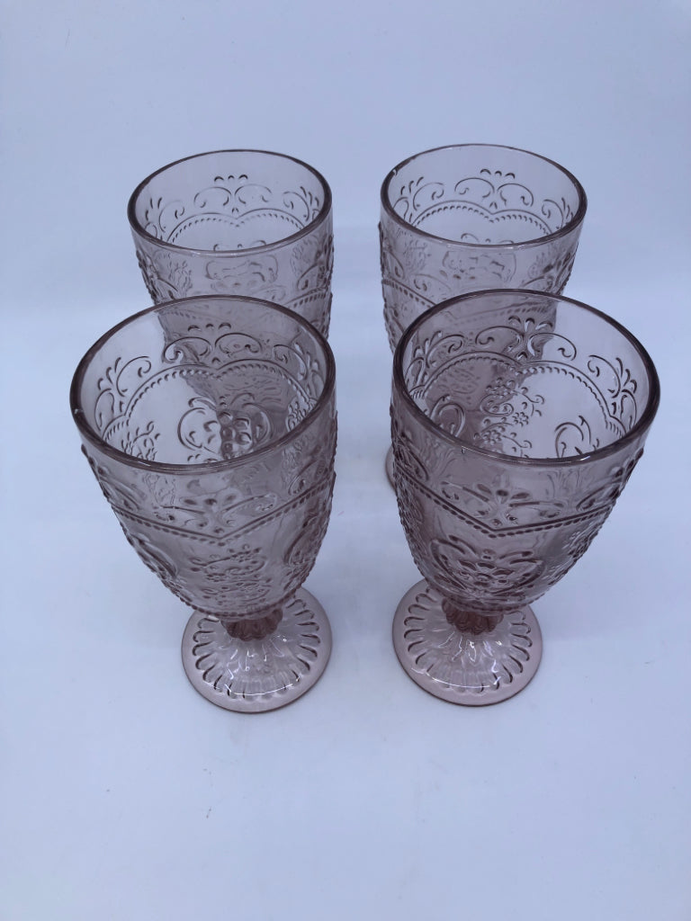 4 PINK FOOTED EMBOSSED GLASSES.
