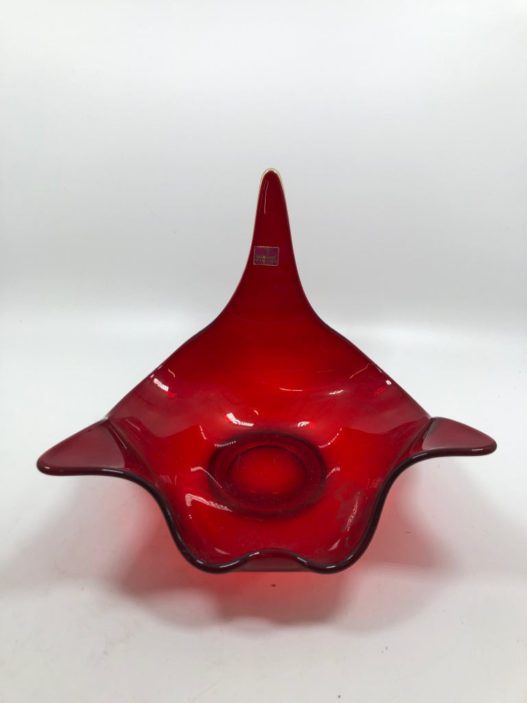 VTG BLOWN-GLASS RED GLASS CENTERPIECE DISH.