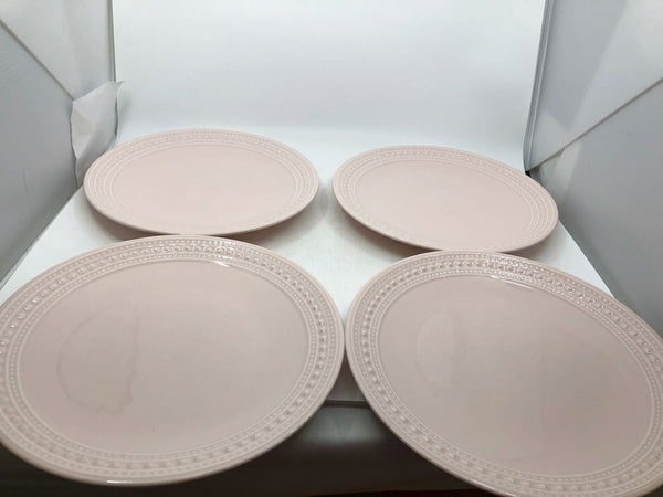 4 PINK BEADED EDGE DINNER PLATES.