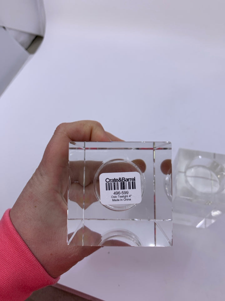 2 HEAVY CALLUM CLEAR GLASS TEA LIGHT HOLDERS.