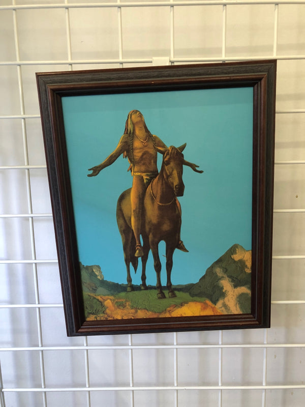 COLORFUL INDIGENOUS MAN ON HORSE PRINT IN WOOD FRAME.