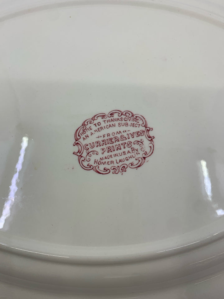 VTG RED FARM SCENE OVAL PLATTER.