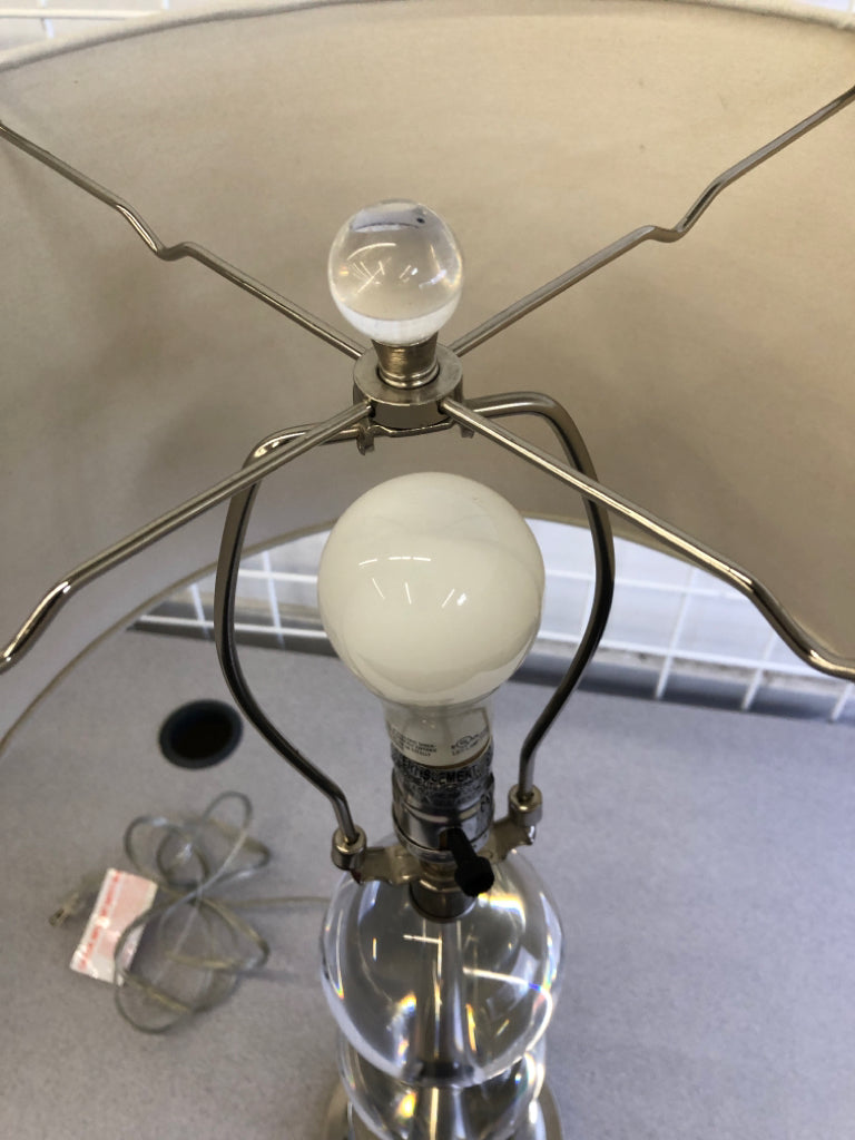 HEAVY GLASS BALL LAMP W WHITE SHADE.