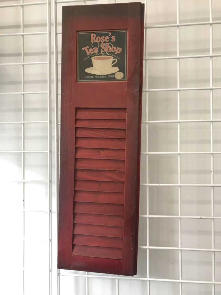 ROSES TEA SHOP RED SHUTTER WALL HANGING.