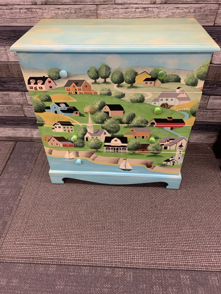 VTG CITY SCENE PAINTED 3 DRAWER DRESSER.