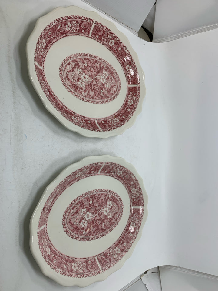 2 VTG OVAL RED DETAILED SERVING PLATTERS.