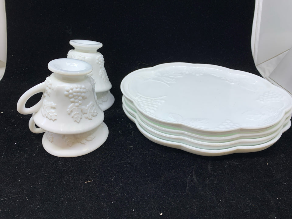 8pc VTG MILK GLASS CUP + PLATE SNACK SET.