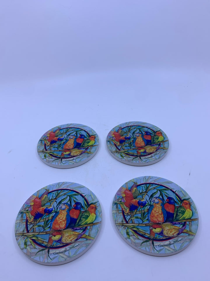 4 ROUND POTTERY COASTERS BIRDS.