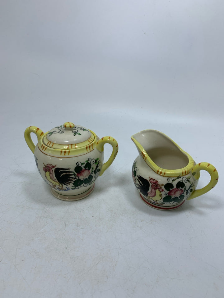 VTG ROOSTER YELLOW TRIM CREAMER & COVERED SUGAR- JAPAN.