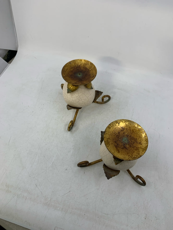 2 GOLD METAL LEG W/ CRACKLE PEAR PILLAR CANDLE HOLDERS.