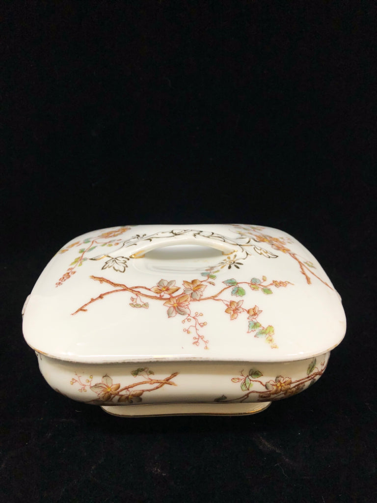 VTG LIMOGES COVERED DISH W/HANDLES- T&V MARGUERITE BROWN BLOSSOM.