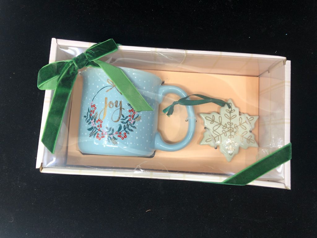 NIB BLUE JOY MUG W/ SNOWFLAKE ORNAMENT.