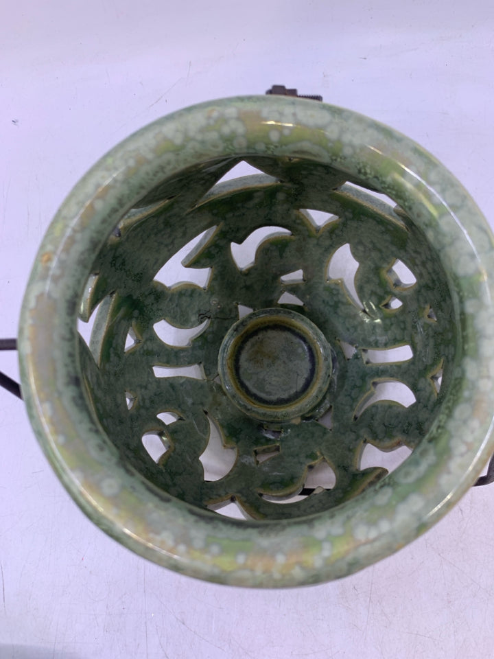 LIGHT GREEN CERAMIC PIERCED SPHERE LANTERN TEA LIGHT.