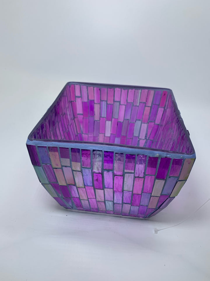 PURPLE IRIDESCENT MOSAIC GLASS SQUARE PLANTER.