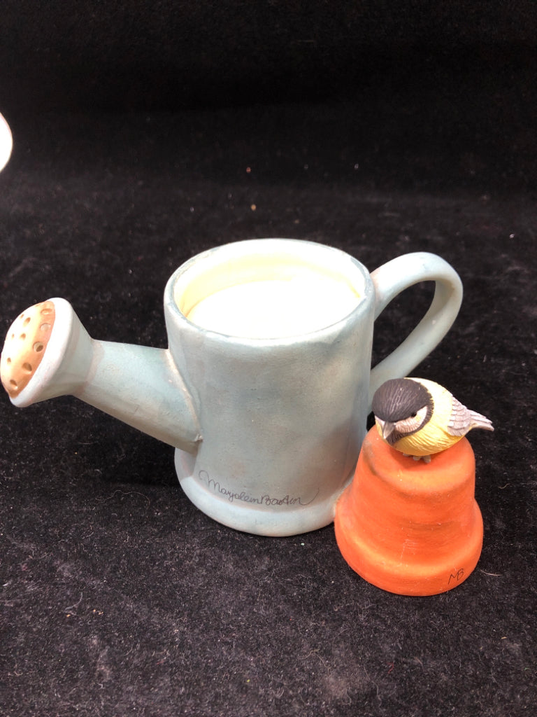 CERAMIC BLUE WATERING CAN W/ BIRD CANDLE.