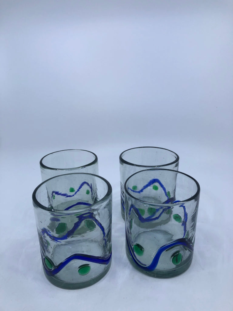 4 GREEN AND BLUE SHORT BLOWN GLASS GLASSES.