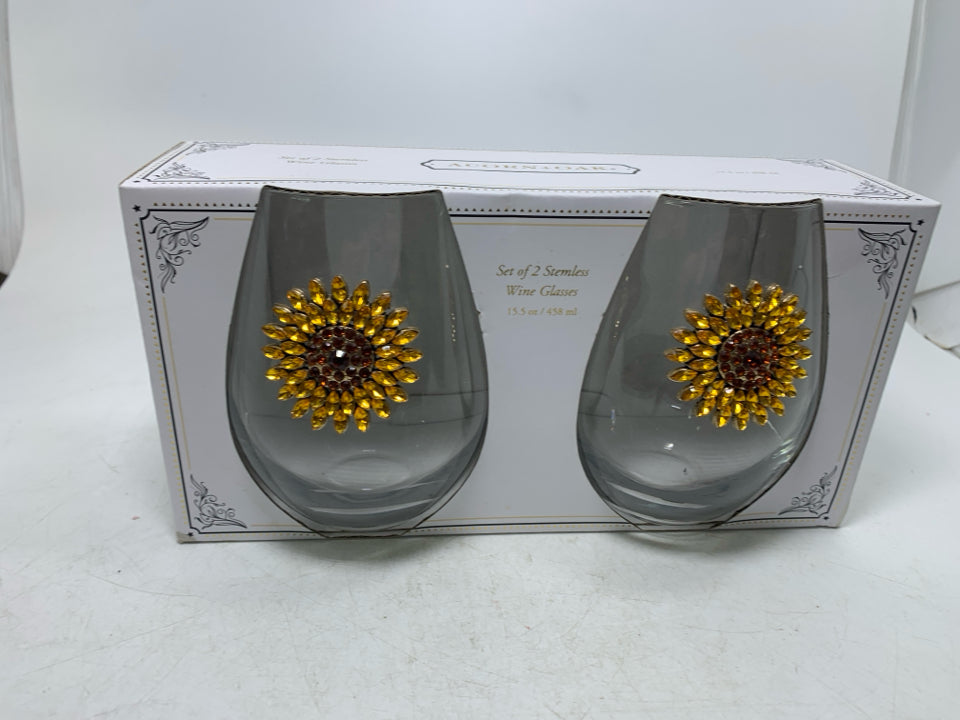 NIB 2 STEMLESS JEWELED SUNFLOWERS WINE GLASSES.