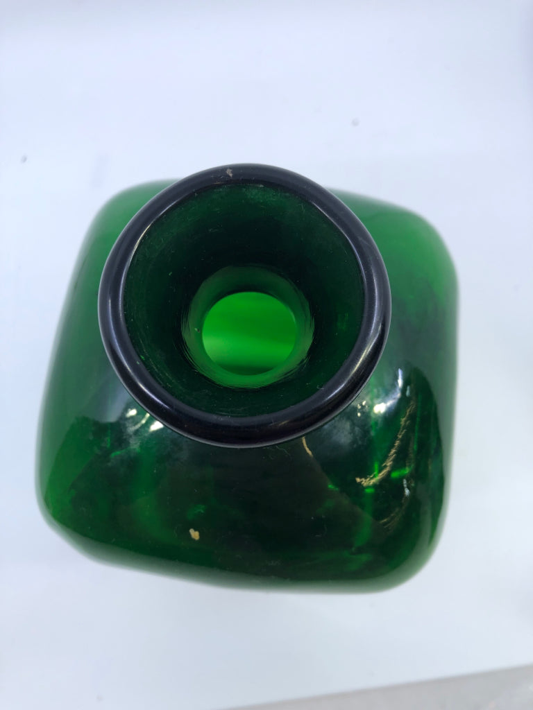 HEAVY GREEN GLASS DECORATIVE BOTTLE.