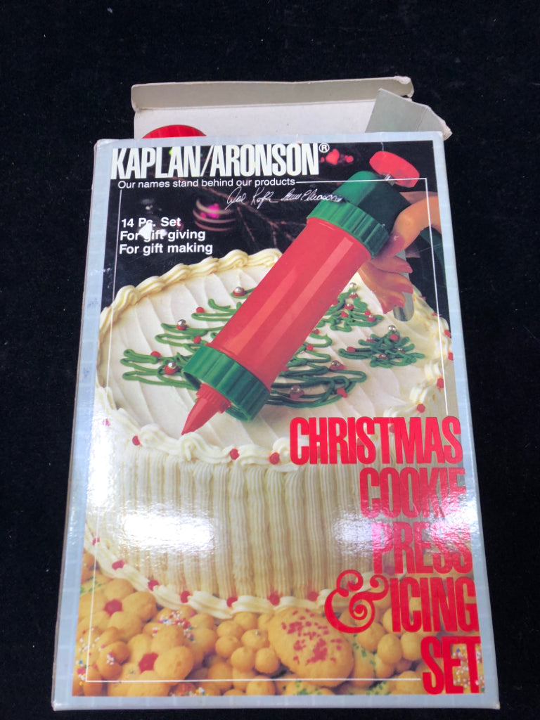 NIB CHRISTMAS COOKIE PRESS & ICING SET KAPLAN/ARONSON.