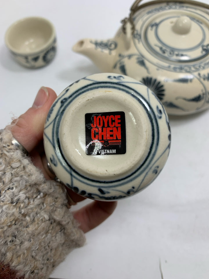 5 PC CREAM W/ BLUE FLORAL DETAIL JOYCE CHEN ASIAN STYLE TEA SET METAL HANDLES.