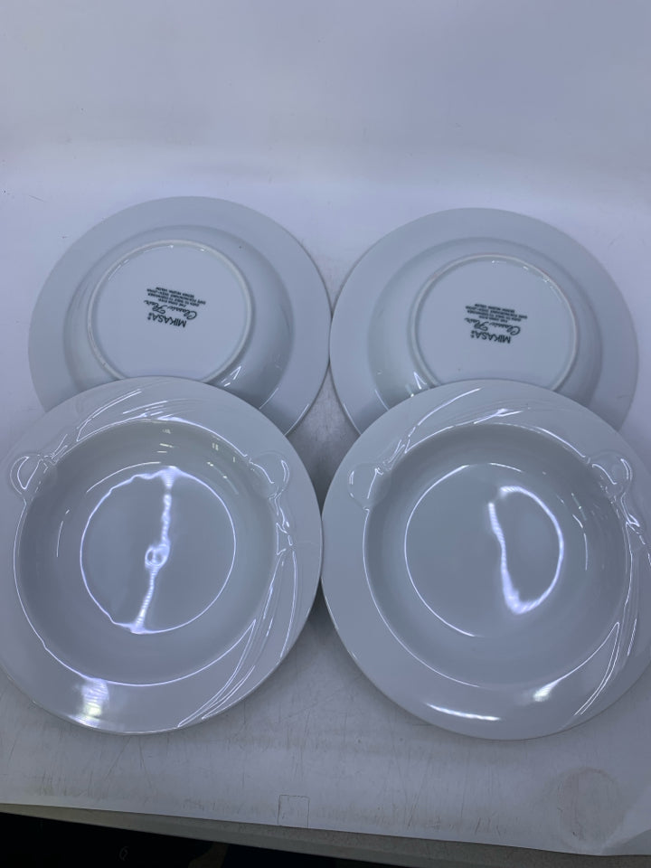 4 WHITE SOUP BOWLS W/ EMBOSSED FLOWER.