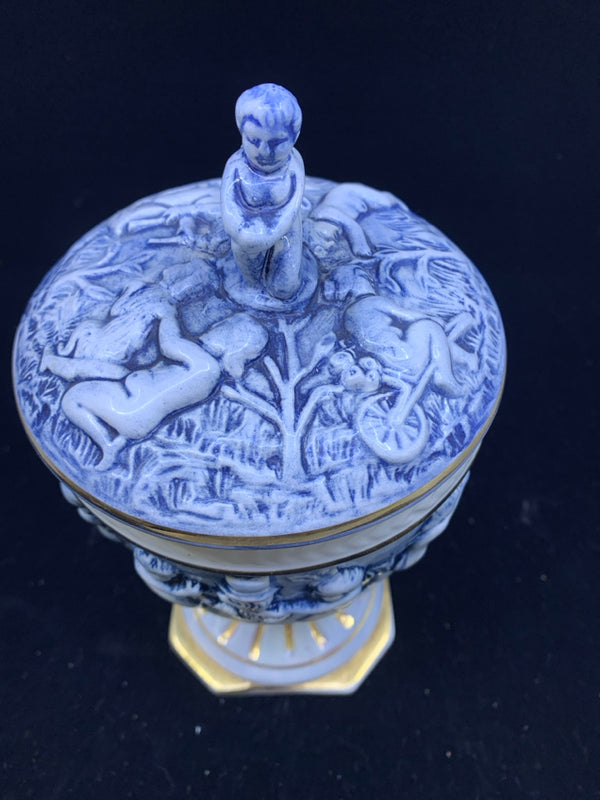 BLUE WHITE AND GOLD FOOTED CHERUB JAR.