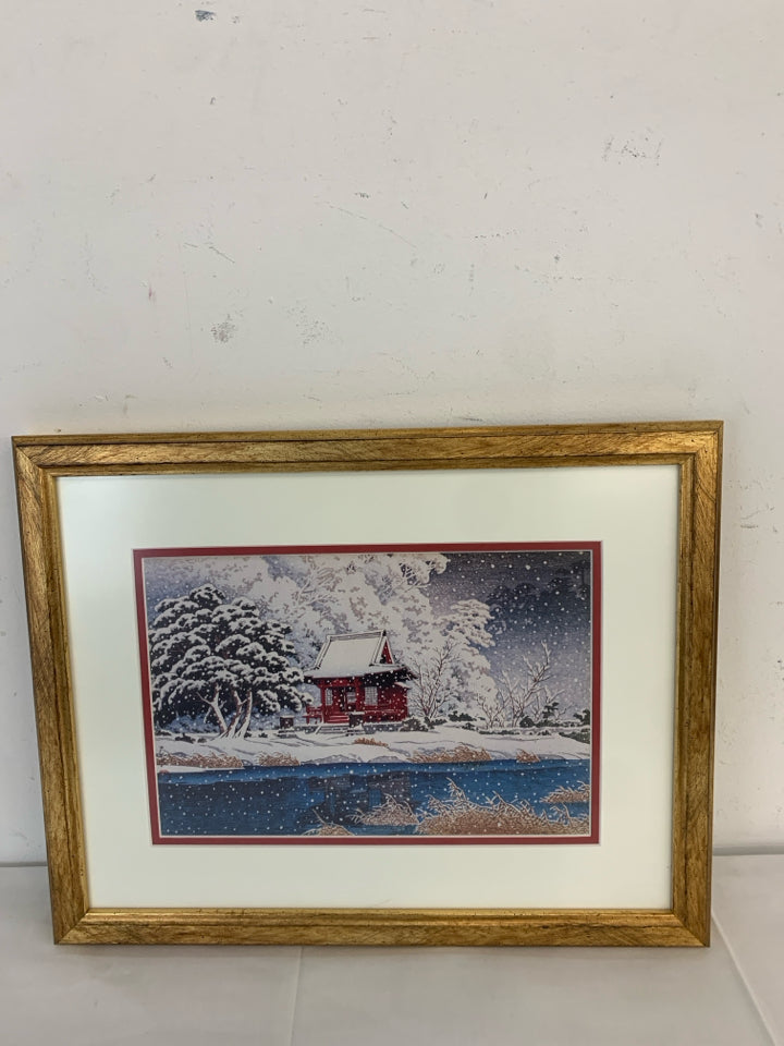 WINTER SCENE W RED HOUSE IN GOLD FRAME.