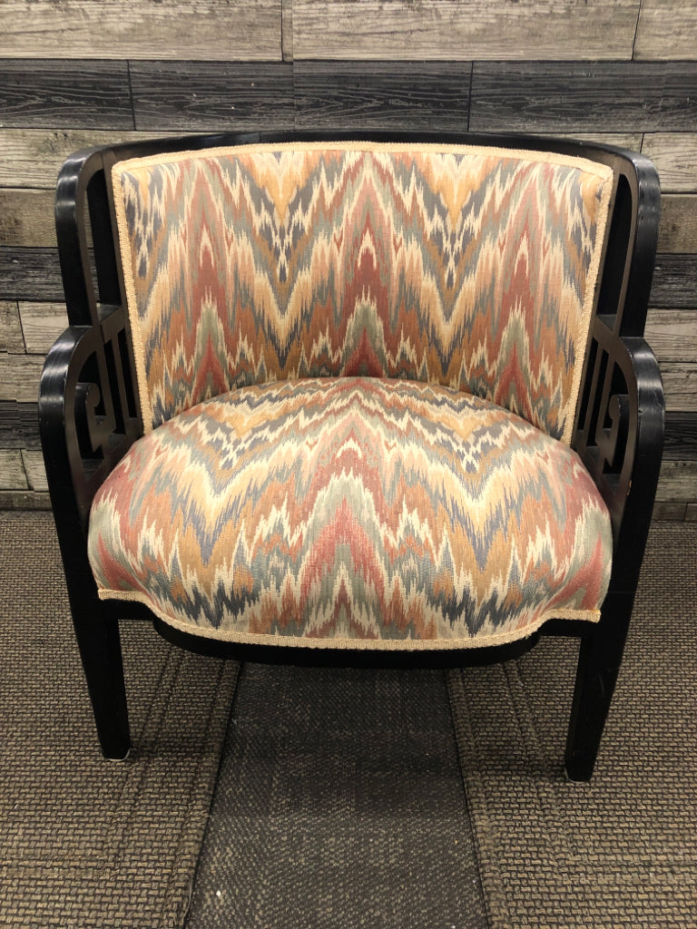 SHORT ROUND PASTEL UPHOLDERED W BLACK WOOD ACCENTS CHAIR.