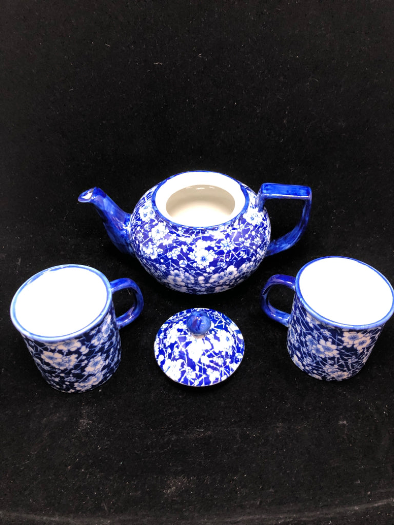 3PC BLUE FLORAL TEAPOT W/ MUGS.