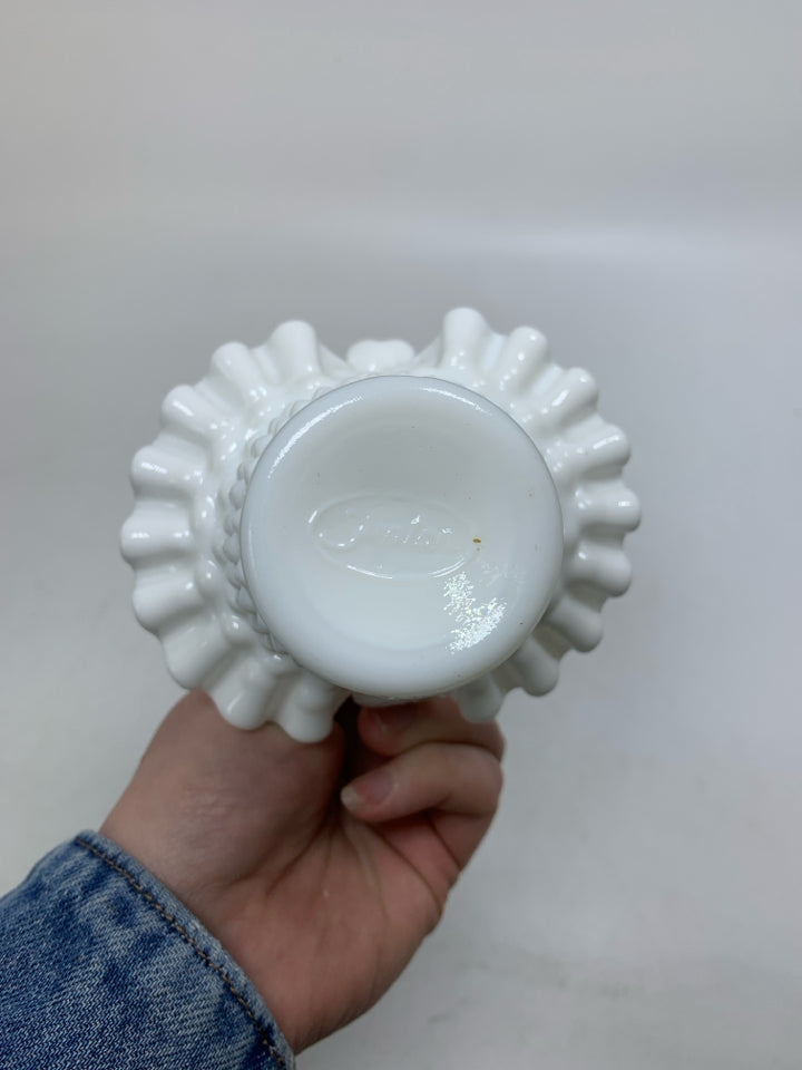 SMALL MILK GLASS HOBNAIL BASKET W/ RUFFLED EDGE.
